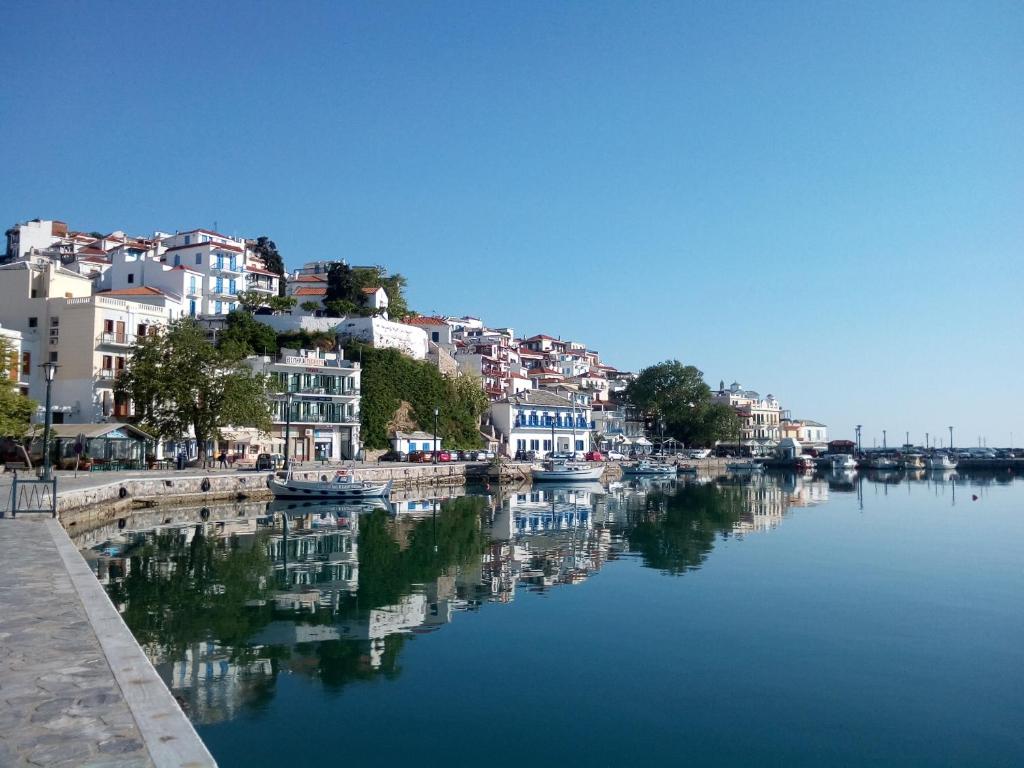 a large body of water with buildings at Sofia's Garden Studios in Skopelos Town