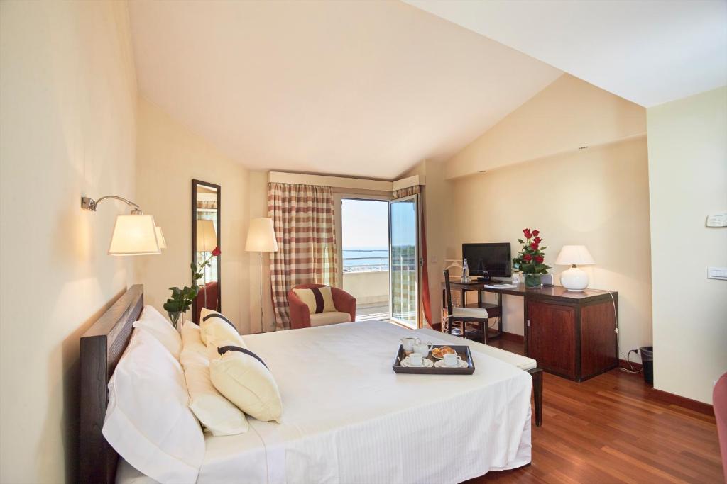 a bedroom with a bed with a view of the ocean at Hotel Sina Astor in Viareggio