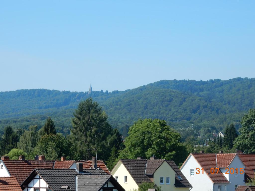 una fila de casas con montañas en el fondo en Ferienwohnung Herkulesblick, en Kassel