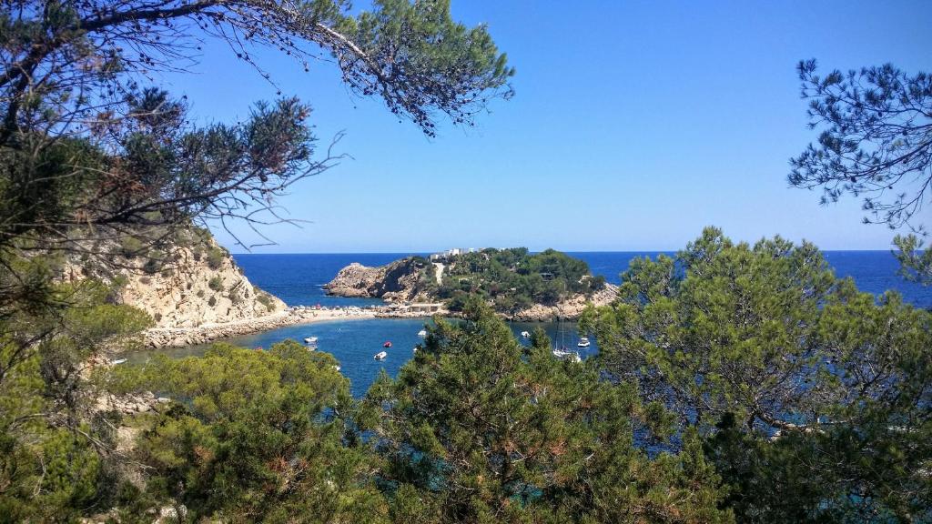 a view of a bay with boats in the water at Hotel Rural Can Maries in Puerto de San Miguel