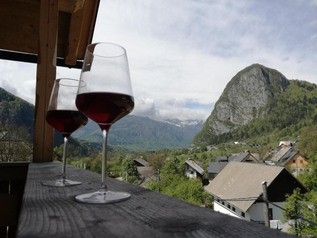 dos copas de vino sentadas sobre una mesa en Apartment Ivanka Cvetek en Bohinj