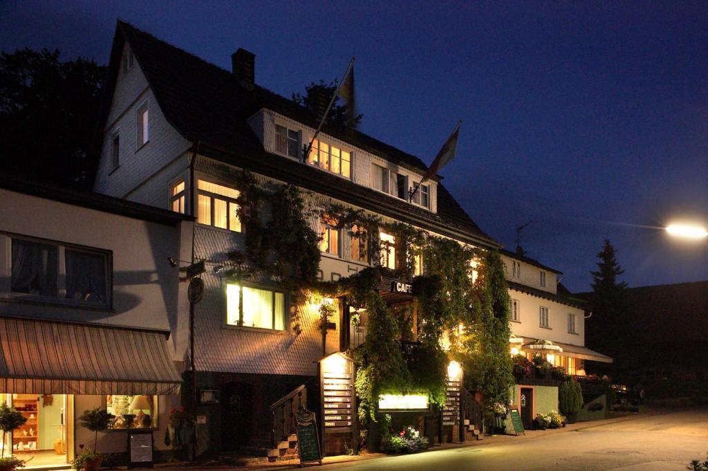 Grasellenbach的住宿－Gästehaus Dorflinde，一座白色的大建筑,上面有圣诞灯