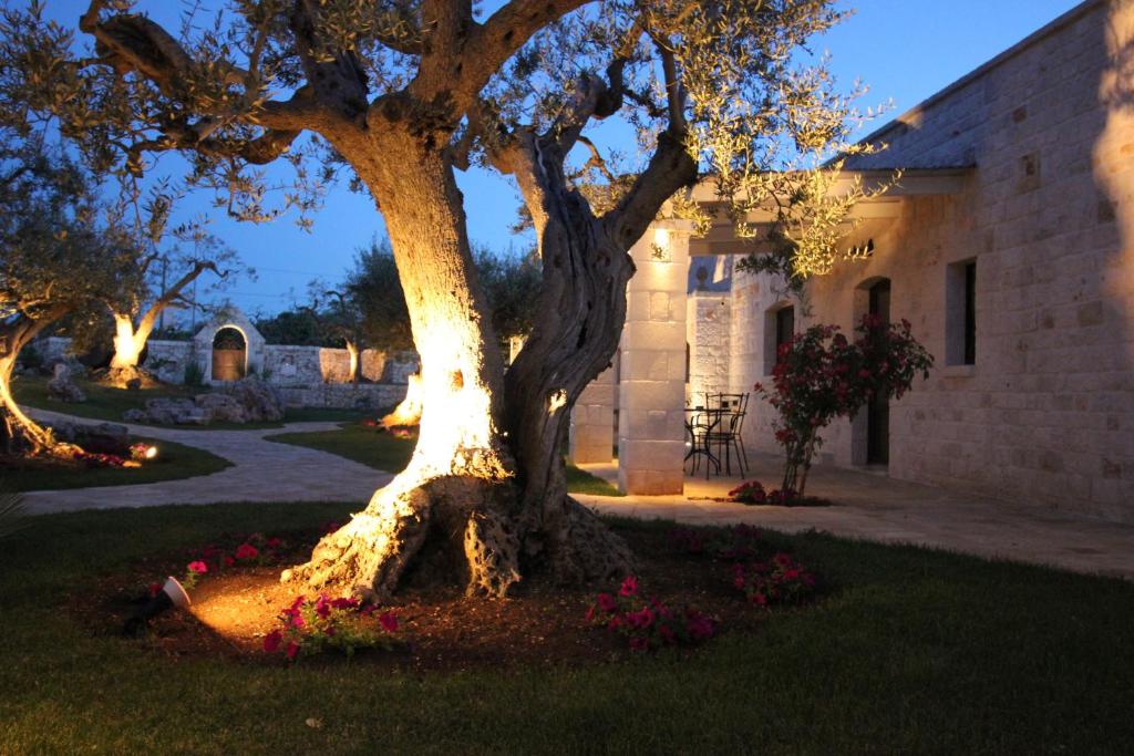 a tree in front of a building with lights on it at Il Gabellota Resort in Alberobello