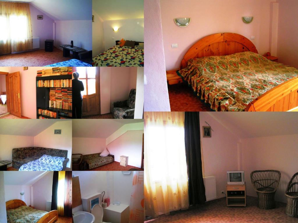 a collage of four pictures of a bedroom at Casa Mora in Suceviţa