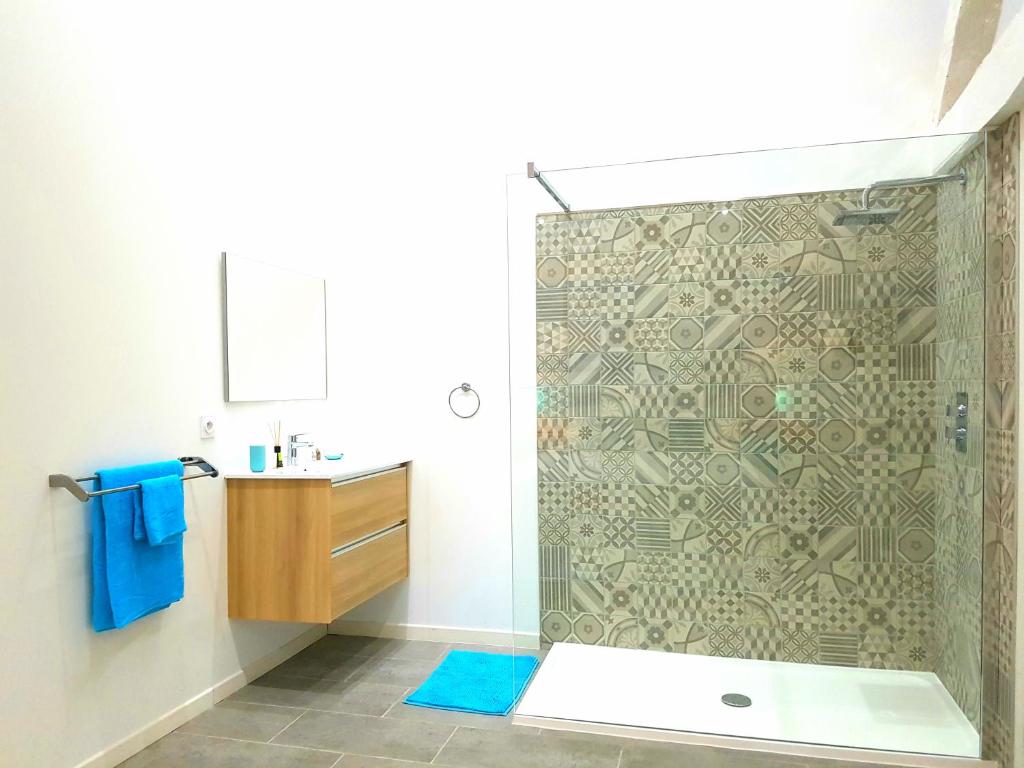 a bathroom with a shower with a glass door at Les Granges de Jules in Lafitte-Vigordanne