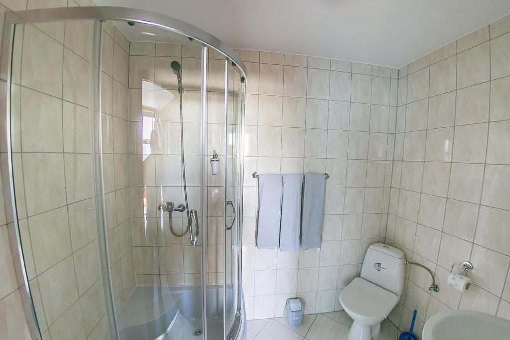 łazienka z prysznicem i toaletą w obiekcie Usługi Hotelarskie Małgosia i Andrzej Danowski w mieście Grajewo