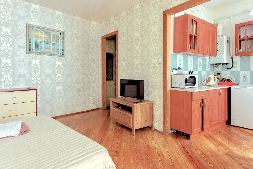 a room with a kitchen with a bed and a television at Apartments at Kazanskaya 9 in Saint Petersburg