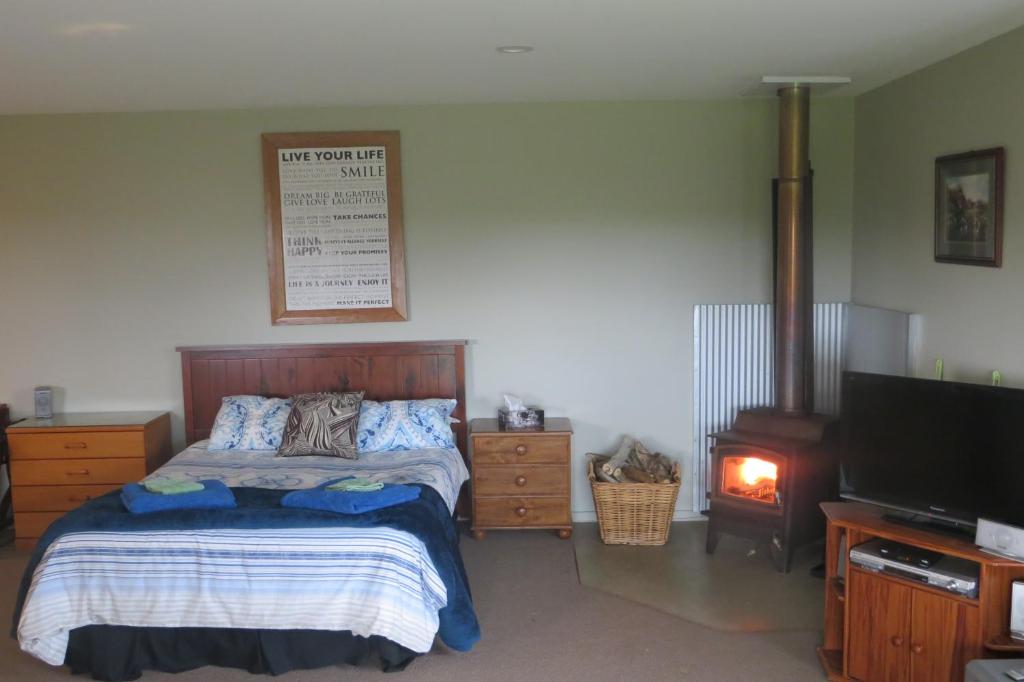 a bedroom with a bed and a television at Kiwi Cabin and Homestay at Koru with hot tub in Barrytown