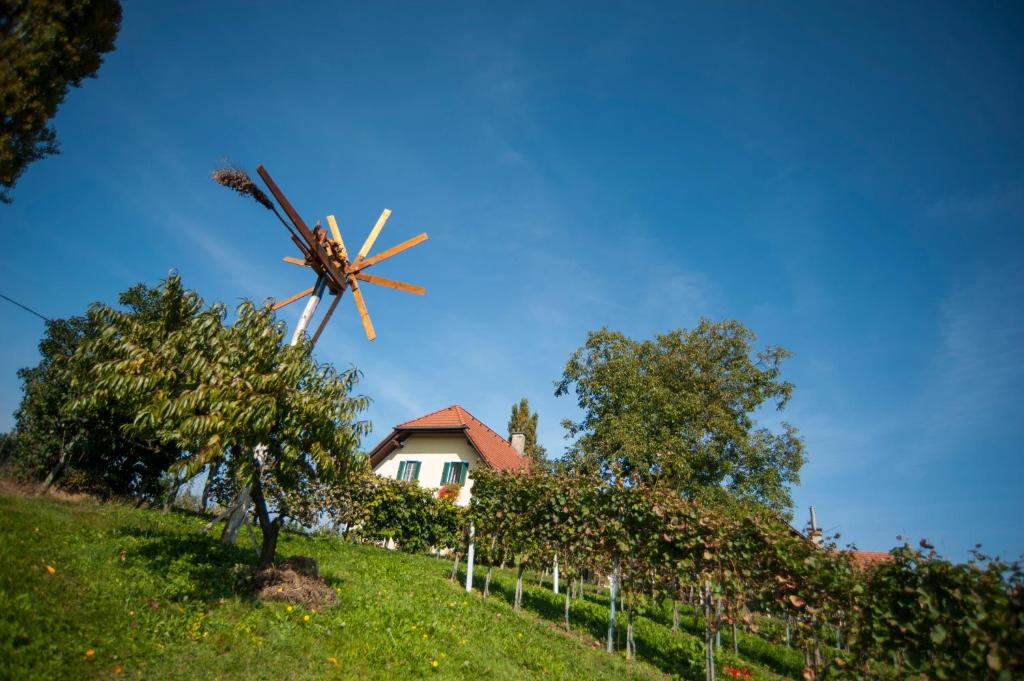 a windmill on a hill next to a house at Weingut Leopold Dietrich in Gamlitz