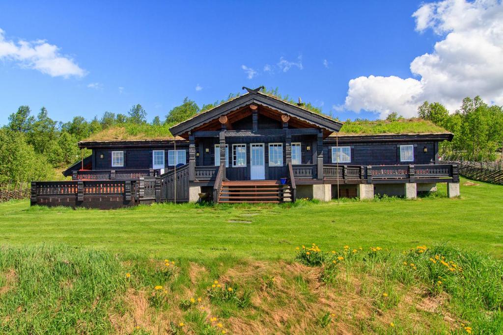 a large wooden house with a grass roof at Bitigrenda Storhytte in Beitostøl