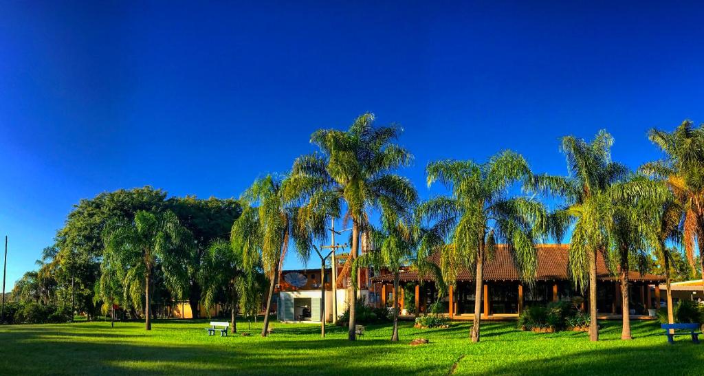 un grupo de palmeras frente a un edificio en Hotel Texacao do Cavera, en Alegrete