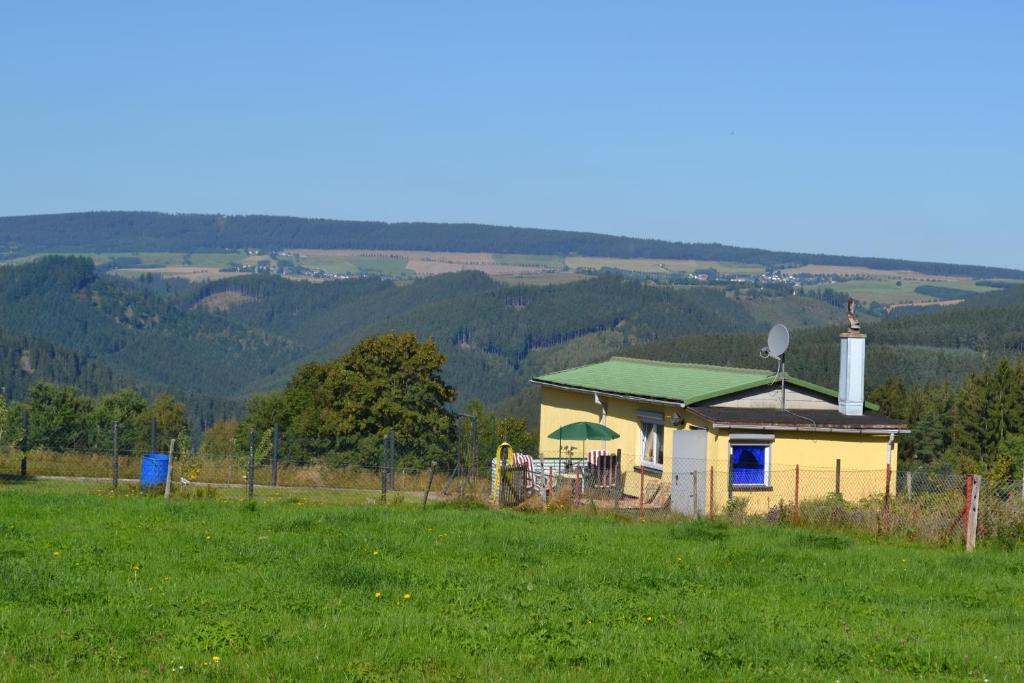 una pequeña casa amarilla con un techo verde en un campo en Auf der Weide en Lichtenhain