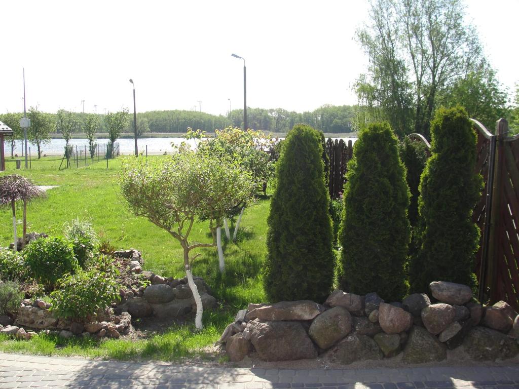a garden with bushes and trees and a fence at Apartament Wolin nad wodą koło Miedzyzdrojów in Wolin