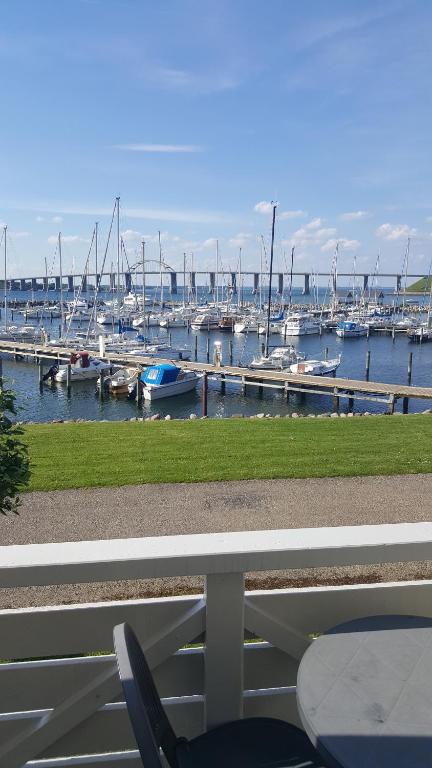 vistas a un puerto deportivo con barcos en el agua en Private Apartment Skudehaven en Rudkøbing