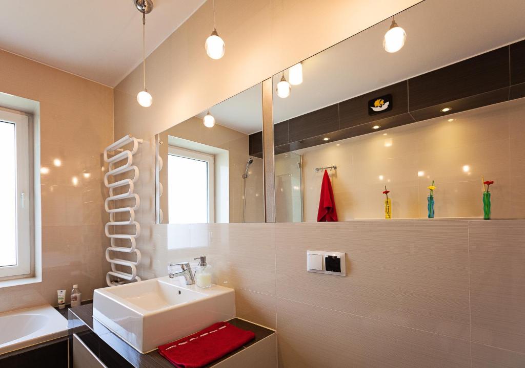 a bathroom with a sink and a mirror at Twardowski Apartament in Krakow