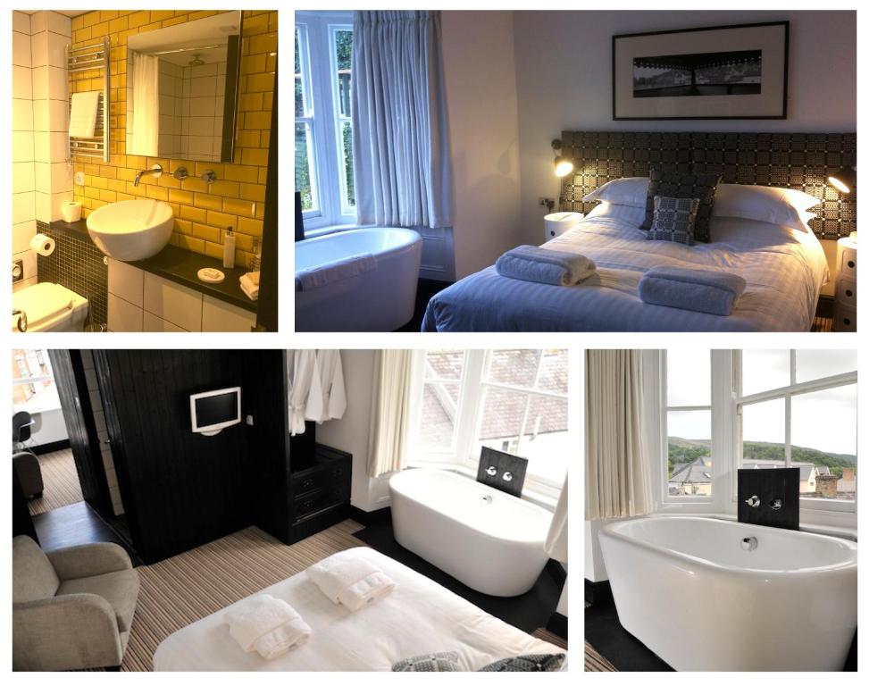 a collage of three pictures of a hotel room at Greenbank Lodge LLANGOLLEN in Llangollen