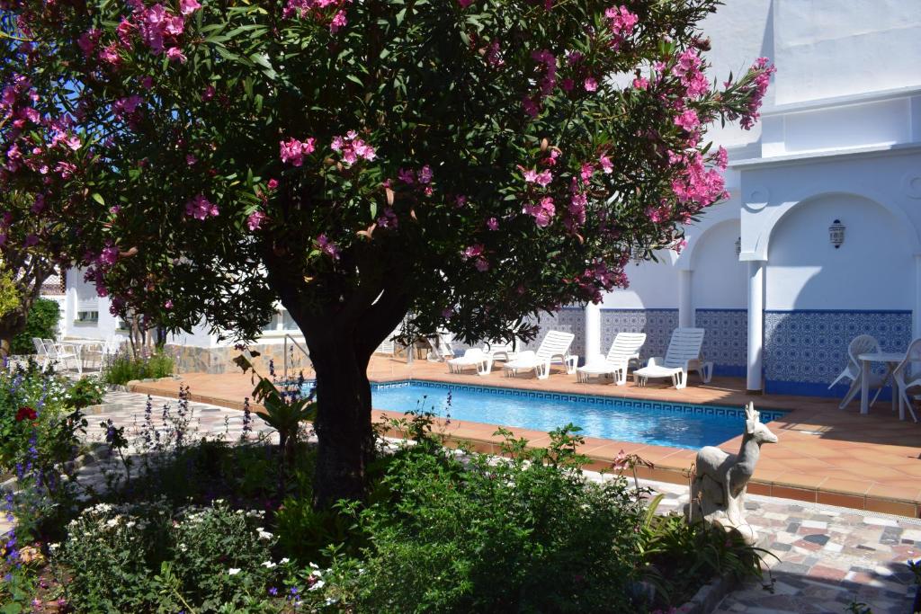 a tree with pink flowers next to a swimming pool at El Jardin BeNerja in Nerja