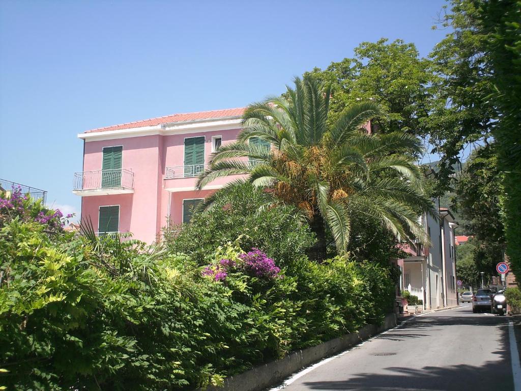 ボルジョ・ヴェレッツィにあるAlbergo Calcagnoのピンクの建物前のヤシの木