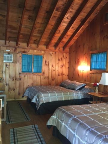 a bedroom with two beds in a wooden cabin at Amber Lantern Duplex Cottage in Lake George