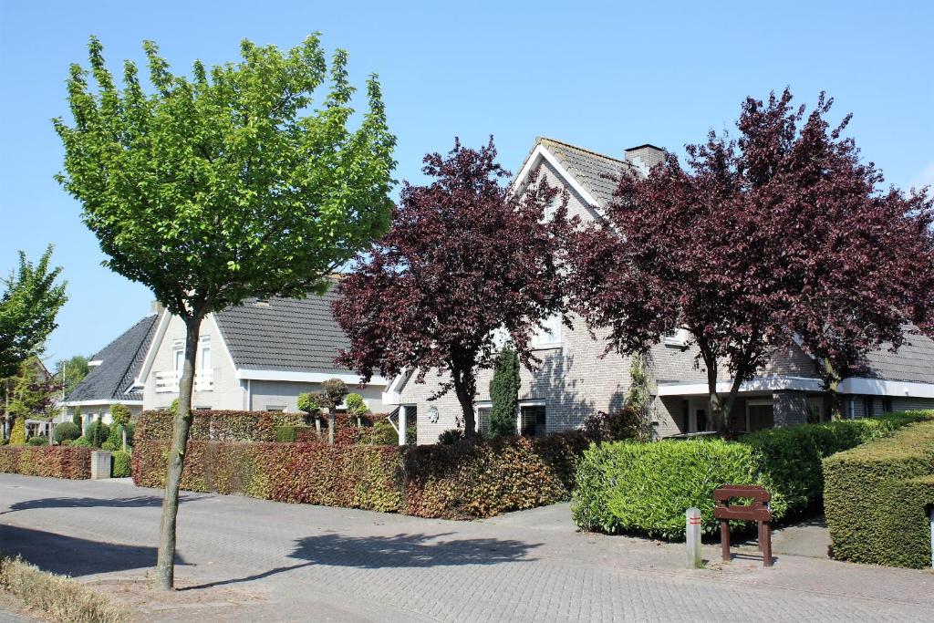 a house with trees and a bench on a sidewalk at Magnolia appartement in Vlijmen