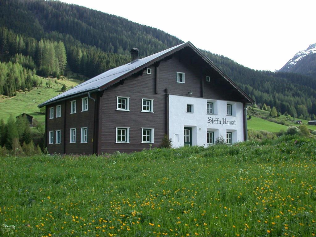 ein braunes und weißes Haus auf einem Blumenfeld in der Unterkunft Steffa Hamat in Ischgl