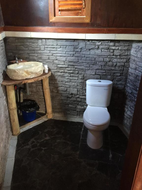 a bathroom with a sink and a toilet at Eka's Bungalows in Maninjau