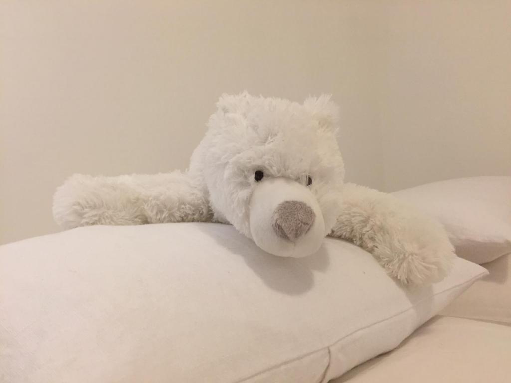 een witte teddybeer liggend op een kussen bij La Tanière de l'Ours Blanc Aubagne-Cassis-Aix en Provence in Aubagne