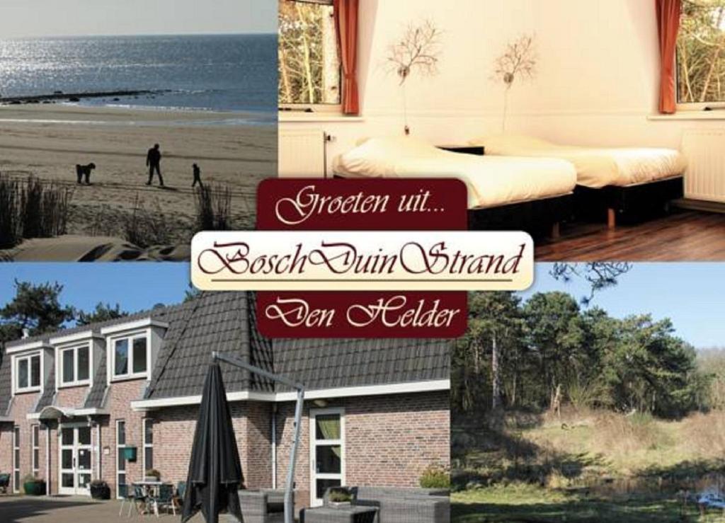 a collage of pictures of a house with a beach and a building at Hotel Studio Bosch Duin Strand in Den Helder