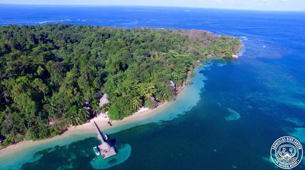 una vista aerea di un'isola nell'oceano di Al Natural Resort a Bocas del Toro