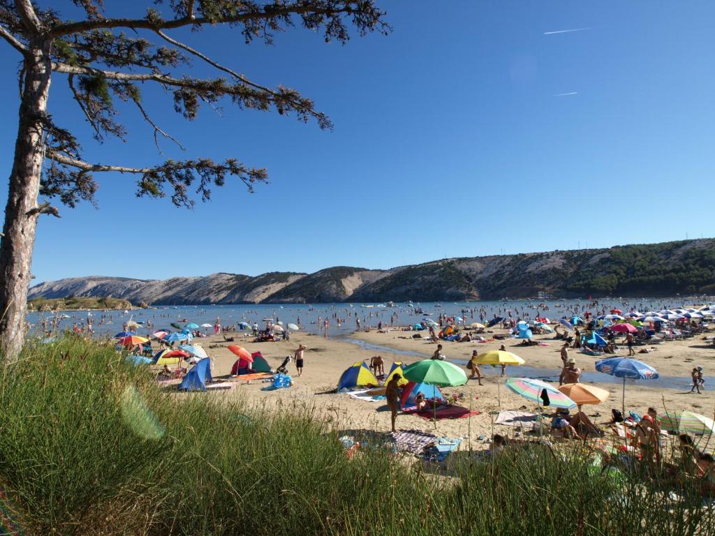 a crowd of people on a beach with umbrellas at Apartmani Danijela Lopar in Lopar