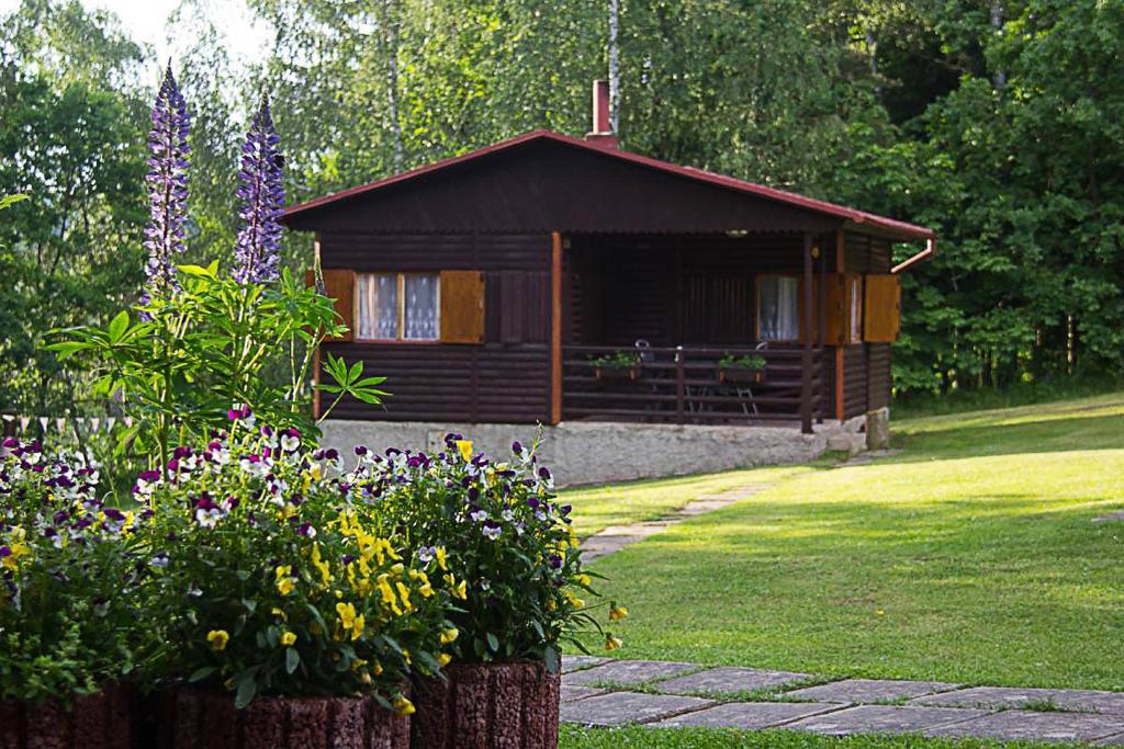 a small wooden cabin with flowers in the yard at The Hideaway in Želiv