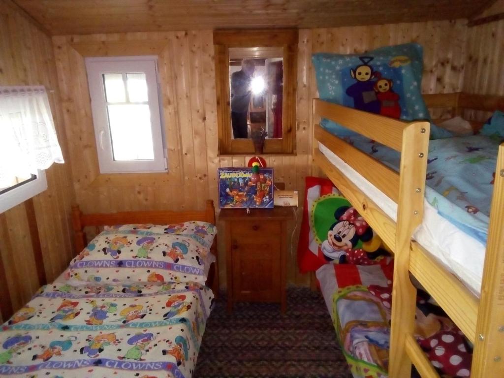 1 Schlafzimmer mit 2 Etagenbetten in einer Hütte in der Unterkunft Biohof Koller in Weichselbaum