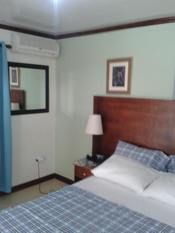 a bedroom with a bed and a lamp and a mirror at Believe Caribbean Apartment in Bridgetown