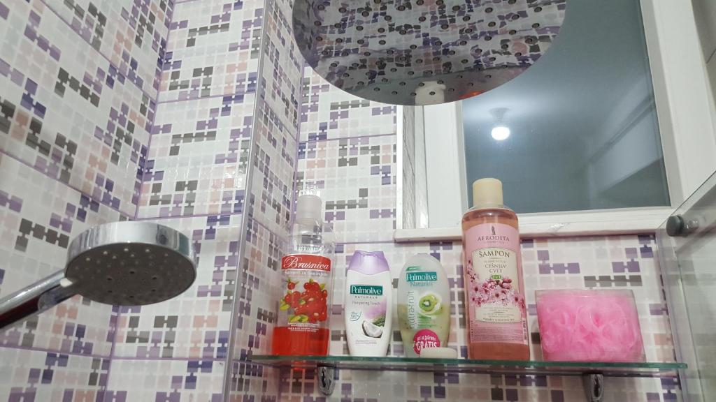 Un estante en un baño con botellas. en Apartment Music, en Sarajevo