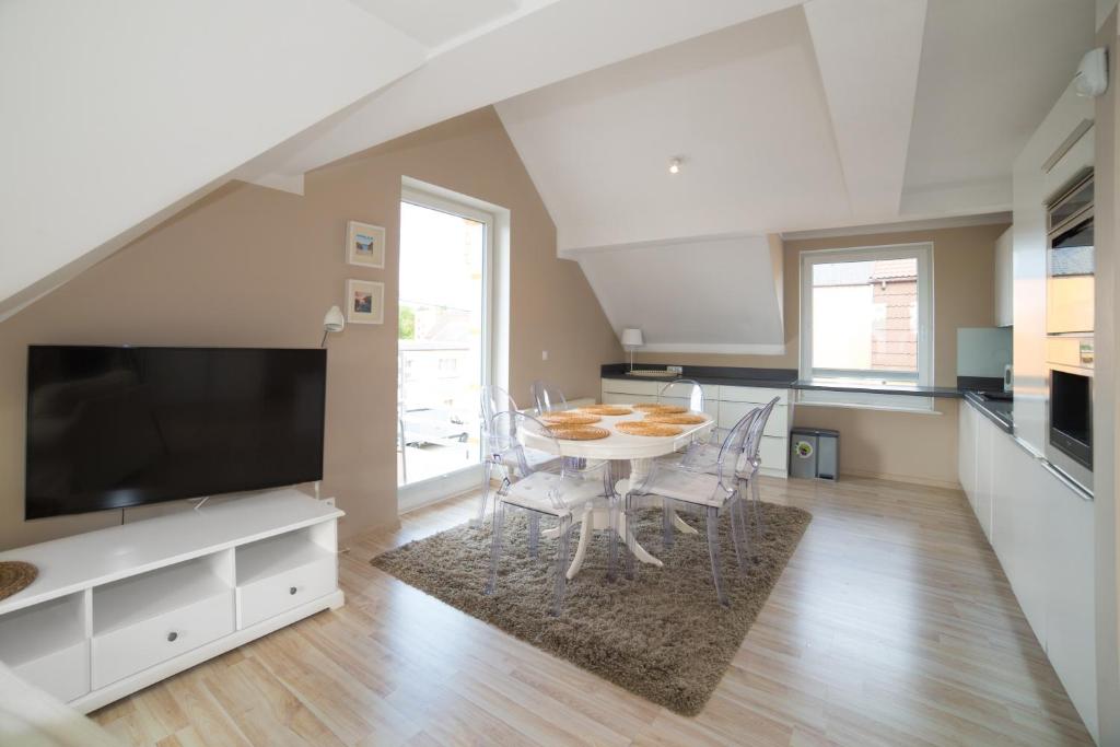 Televízia a/alebo spoločenská miestnosť v ubytovaní Apartamenty Ekslibris