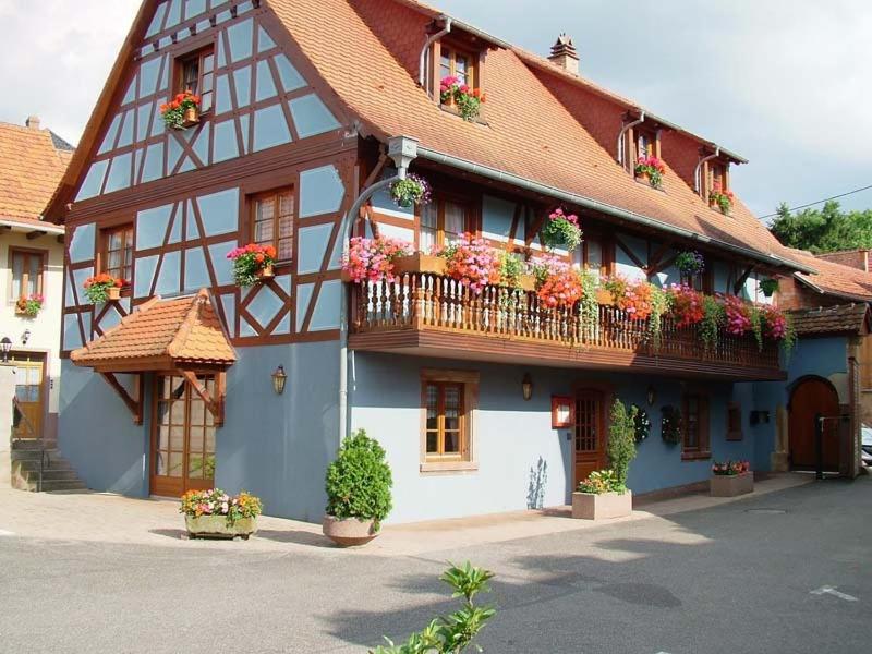 ein Gebäude mit Blumentöpfen auf den Balkonen in der Unterkunft Hotel et Spa du Scharrach in Scharrachbergheim Irmstett
