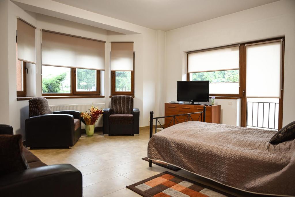 クルジュ・ナポカにあるModern Apartment Near City Centerのベッドルーム(ベッド1台、薄型テレビ付)