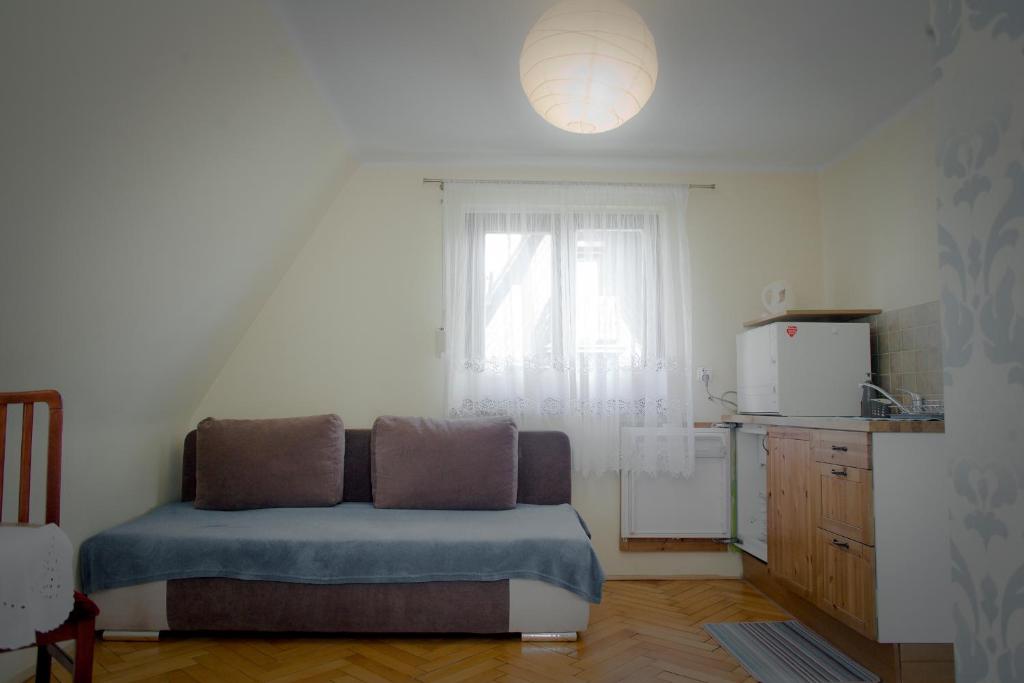 ザコパネにあるPokoje Gościnne Mróz Krystynaのベッド1台付きの部屋、窓付きのキッチンが備わる客室です。