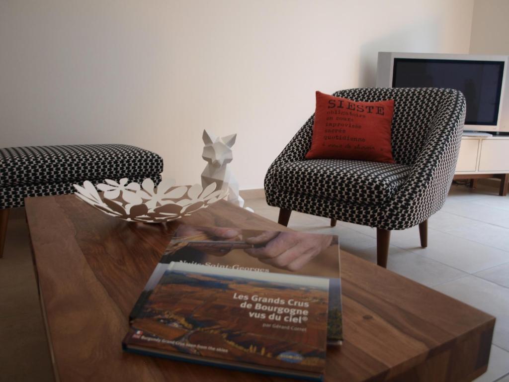 - un salon avec une table basse et un livre dans l'établissement Cottage nuiton, à Nuits-Saint-Georges