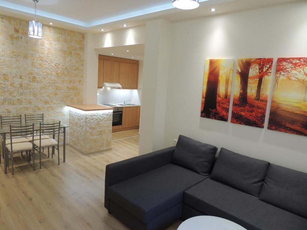 Il comprend un salon avec un canapé et une cuisine. dans l'établissement Apartment near Acropolis, à Athènes