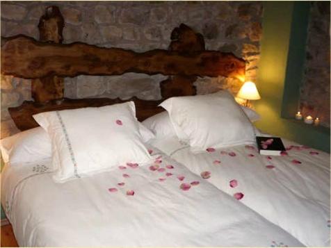 1 dormitorio con 2 camas con rosas en las sábanas en Posada Molino La Vega en Reinosilla