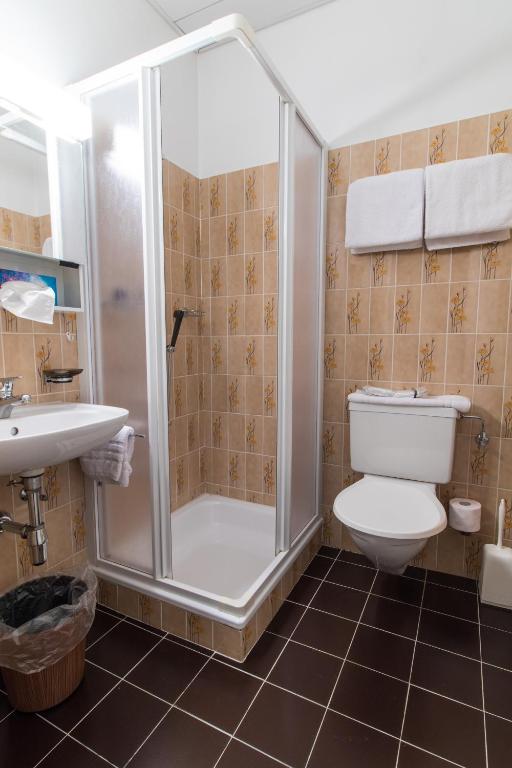 a bathroom with a shower and a toilet and a sink at Hotel Corona in Locarno
