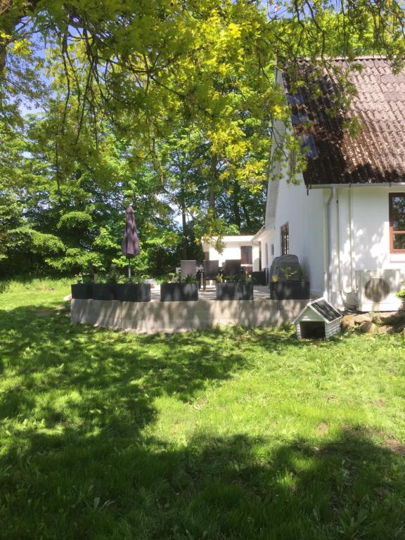 een wit huis met een grasveld en een boom bij Holiday House Billundvej 74 in Randbøl