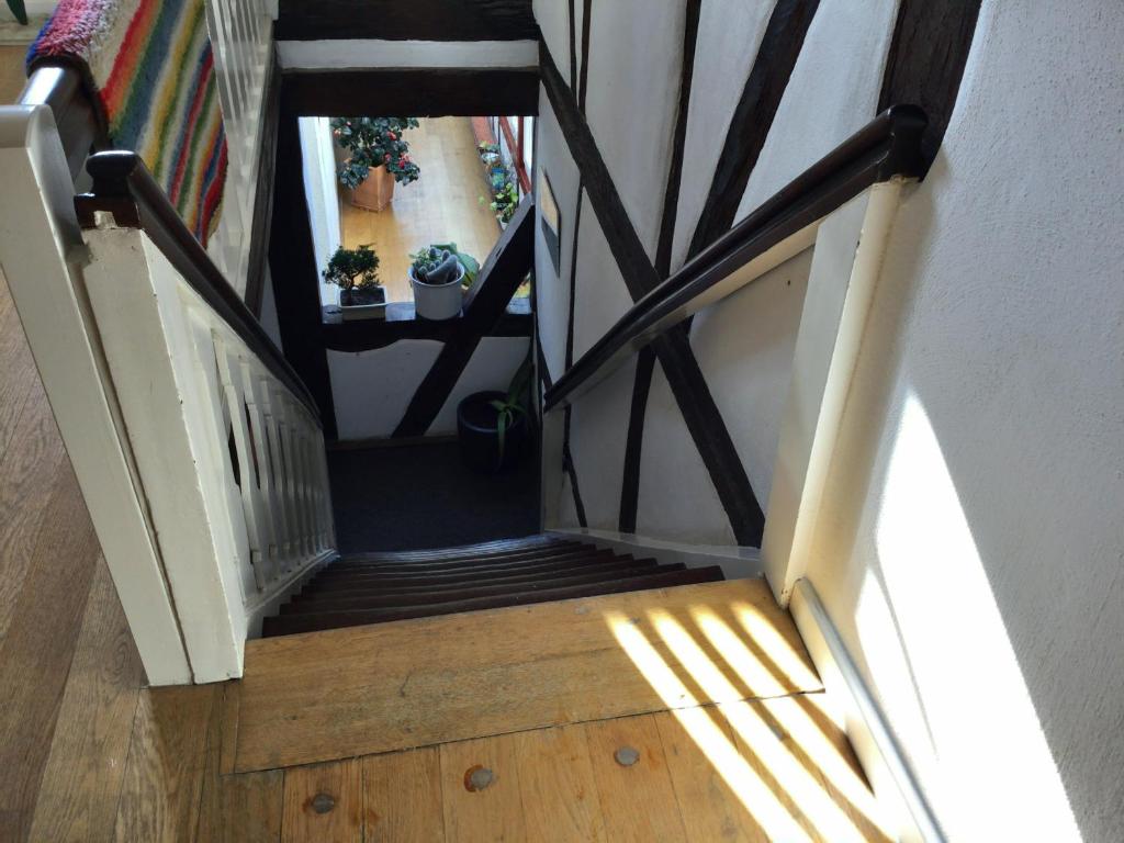 a stairway with sunlight streaming through the window at Dr. Fabian und Christine Drube in Immenhausen