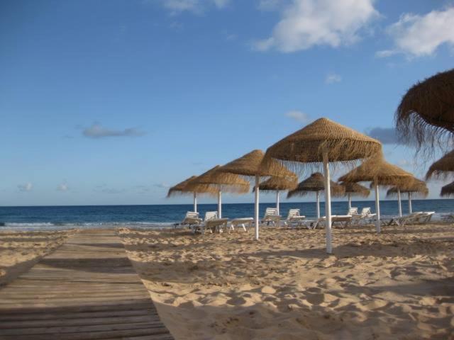 ルースにあるCasa da Praia | Luz Beachの海岸の藁の傘と椅子