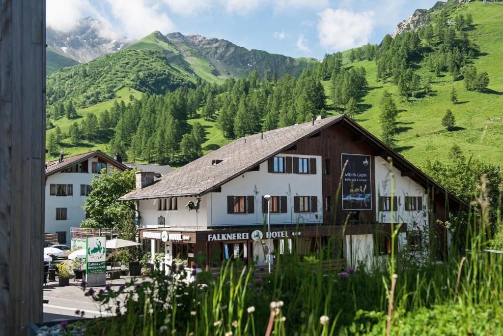 ein Gebäude mitten in einem Tal mit Bergen in der Unterkunft Hotel Falknerei Galina in Malbun