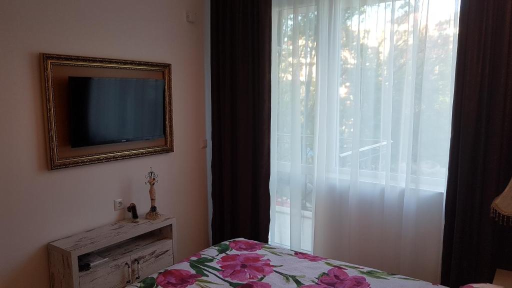 a bedroom with a television and a bed and a window at Apartments Sweet Home 4 in Sunny Beach