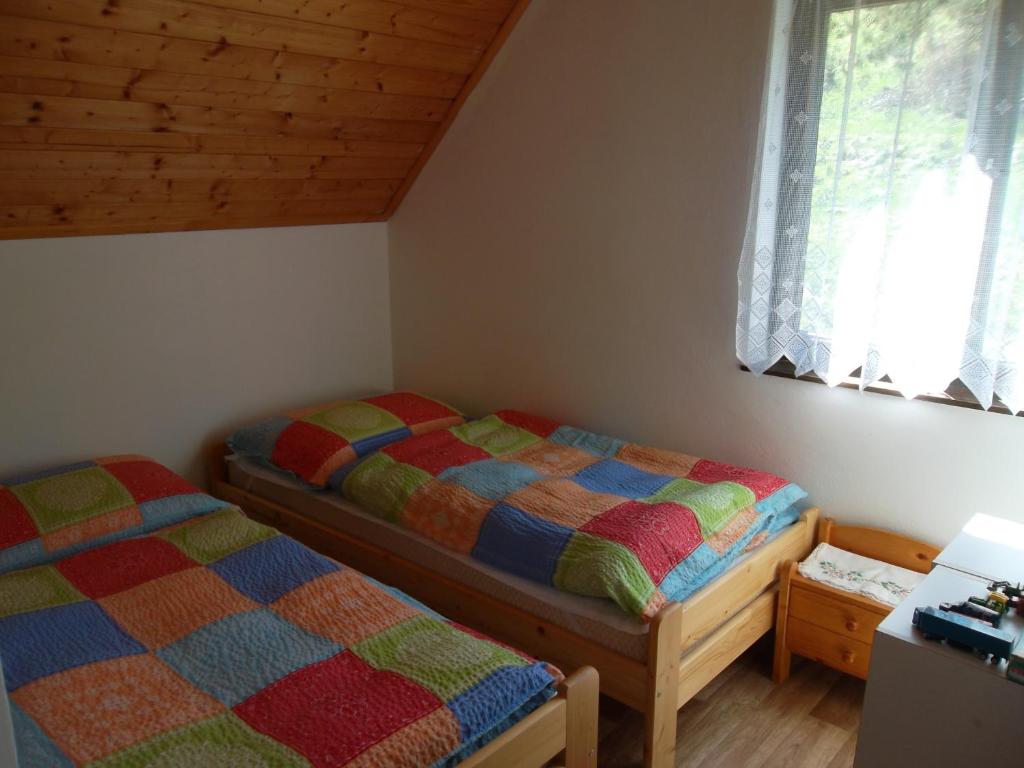 1 Schlafzimmer mit 2 Einzelbetten und einem Fenster in der Unterkunft Chata Malá Bystřice in Malá Bystřice