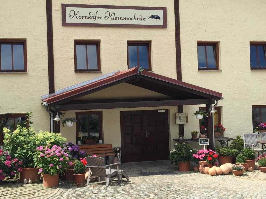 a entrance to a building with pots of flowers at Kornkäfer Kleinmockritz in Döbeln