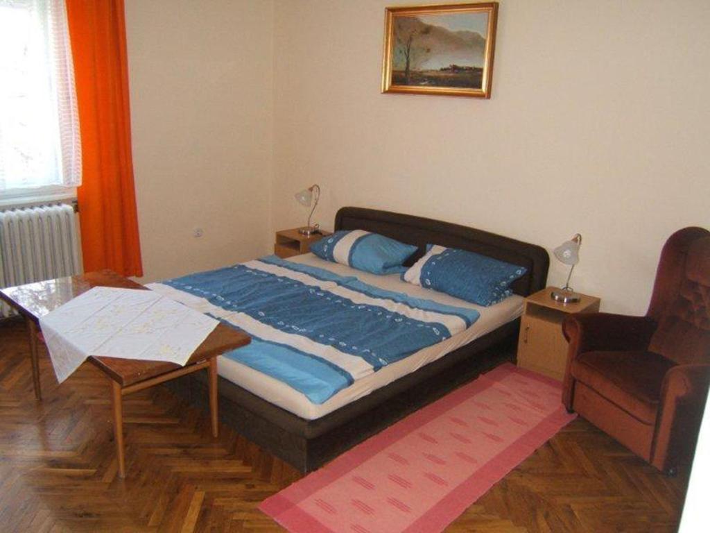 シャールヴァールにあるPallósi Ház "A"のベッドルーム1室(ベッド1台、テーブル、椅子付)